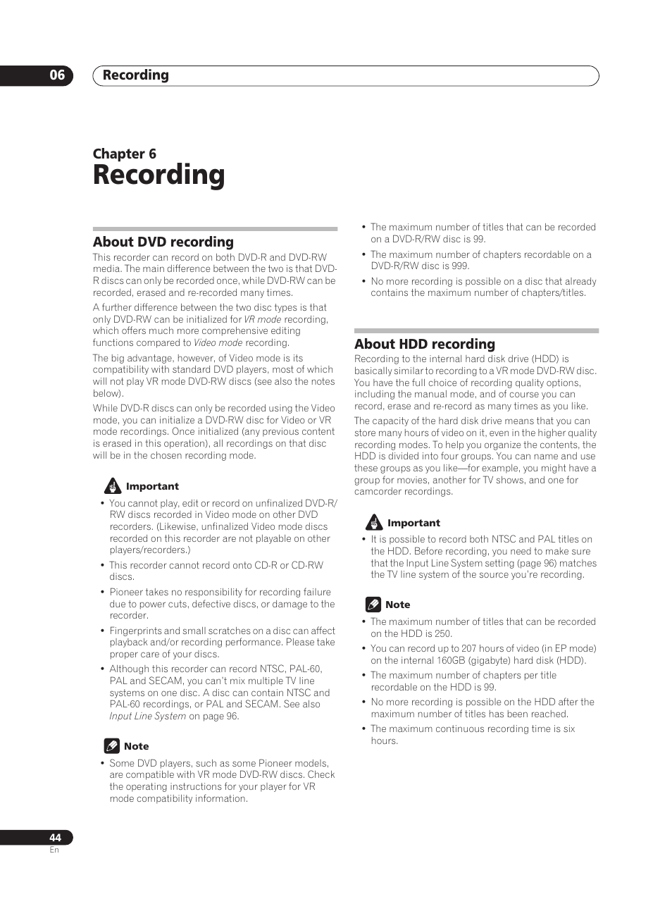Recording, Recording 06, Chapter 6 | About dvd recording, About hdd recording | Pioneer PRV-9200 User Manual | Page 44 / 124