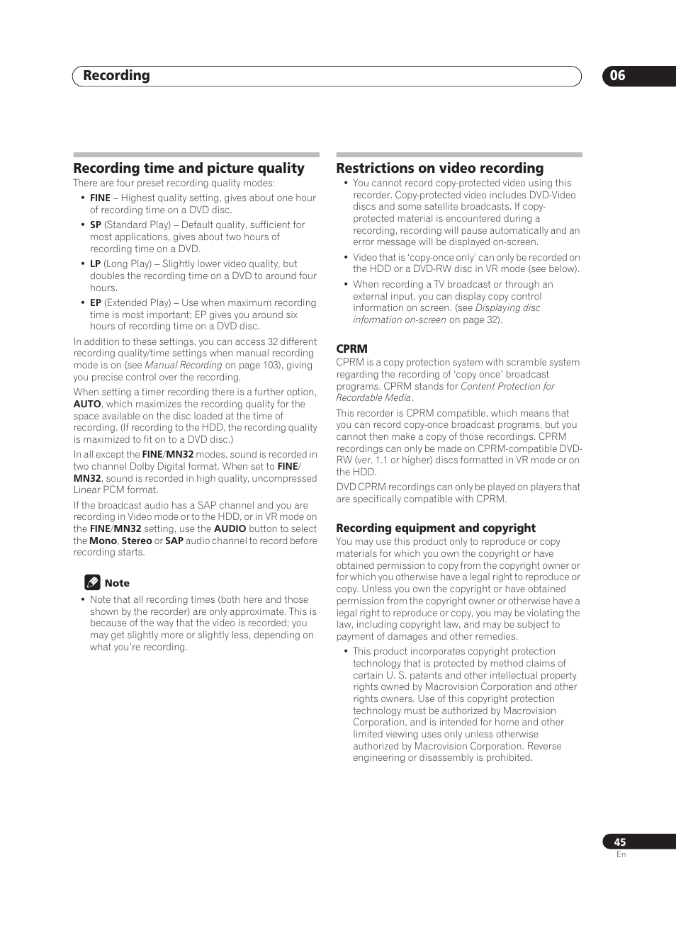 Recording 06, Recording time and picture quality, Restrictions on video recording | Pioneer PRV-9200 User Manual | Page 45 / 124