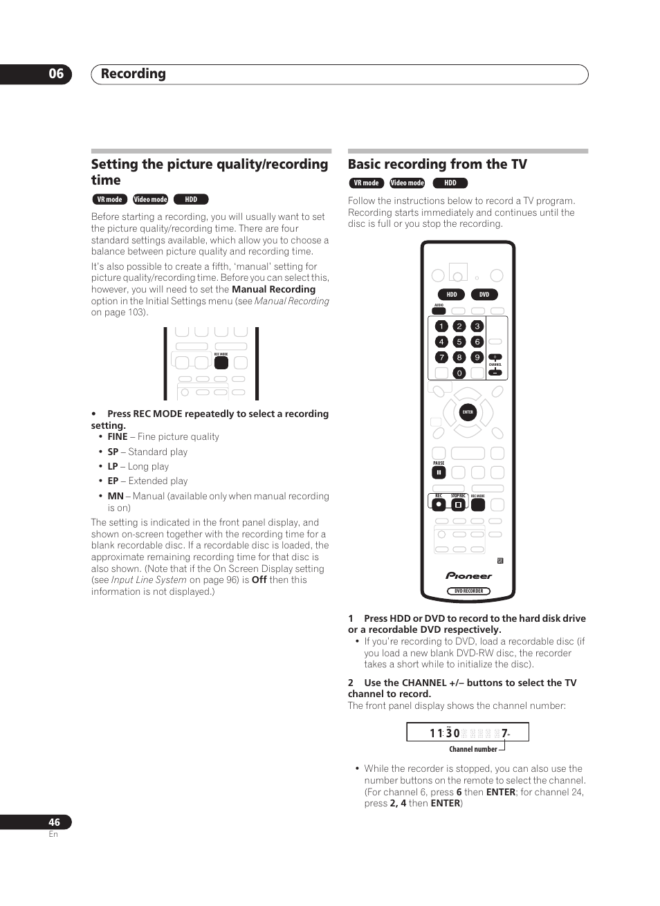 Recording 06, Setting the picture quality/recording time, Basic recording from the tv | Pioneer PRV-9200 User Manual | Page 46 / 124