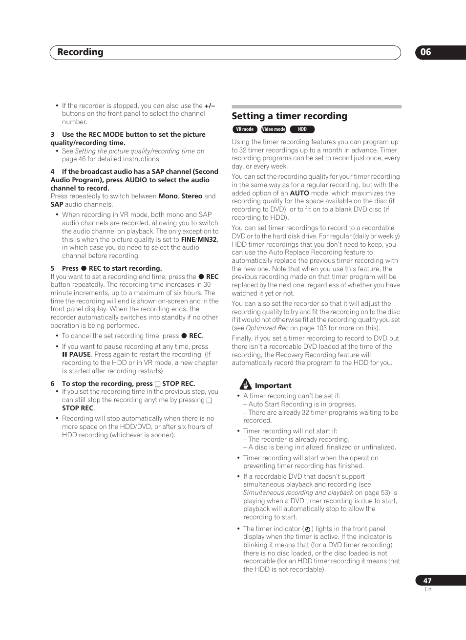 Recording 06, Setting a timer recording | Pioneer PRV-9200 User Manual | Page 47 / 124