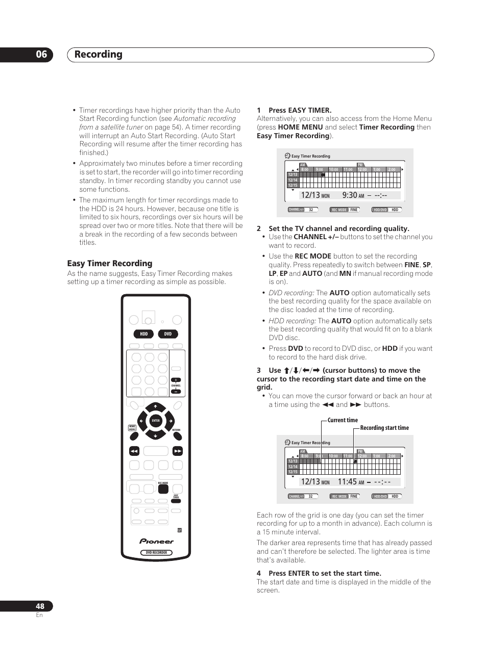 Recording 06, Easy timer recording | Pioneer PRV-9200 User Manual | Page 48 / 124