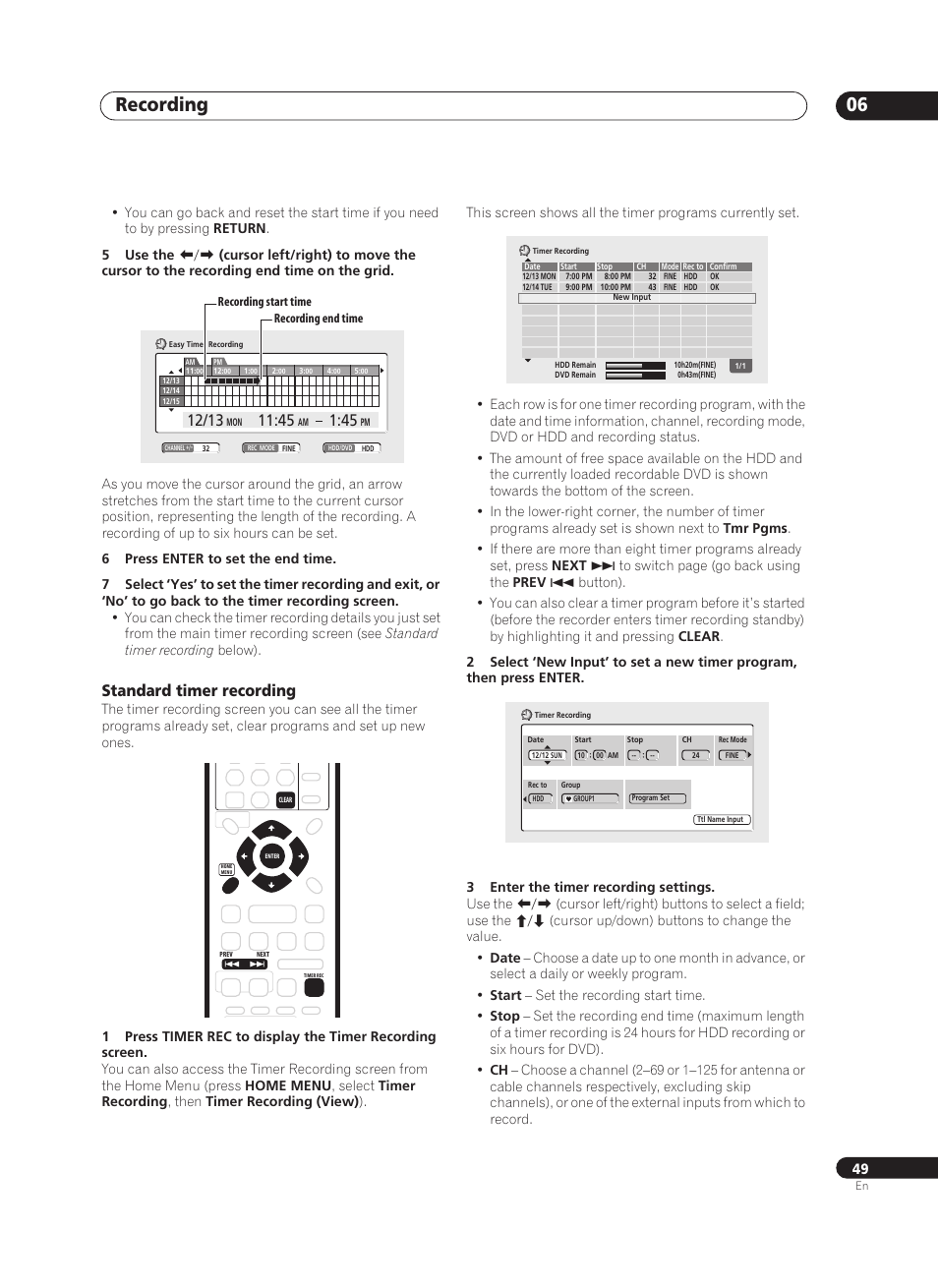 Recording 06, Standard timer recording | Pioneer PRV-9200 User Manual | Page 49 / 124
