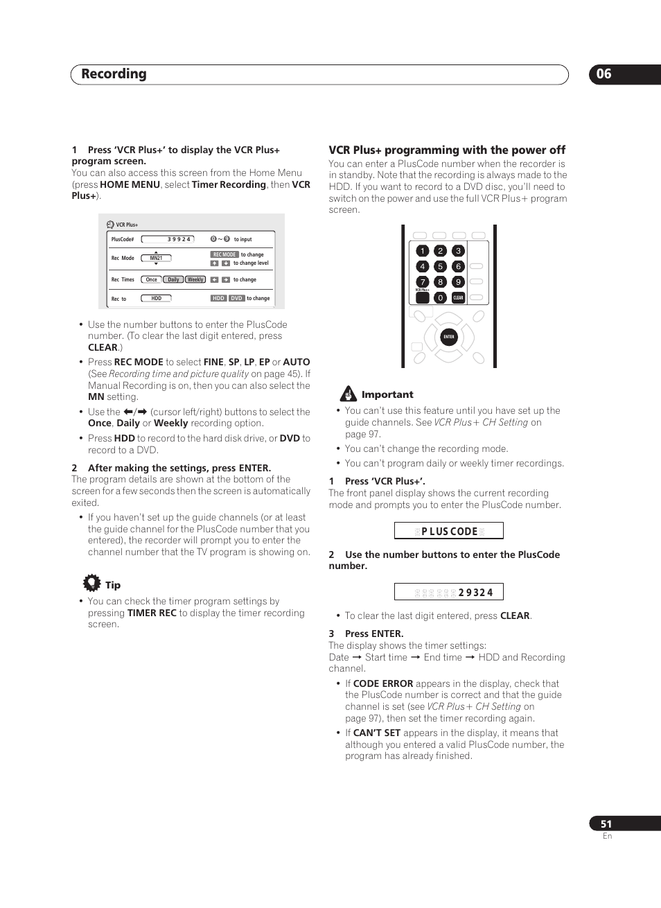 Recording 06, Vcr plus+ programming with the power off | Pioneer PRV-9200 User Manual | Page 51 / 124