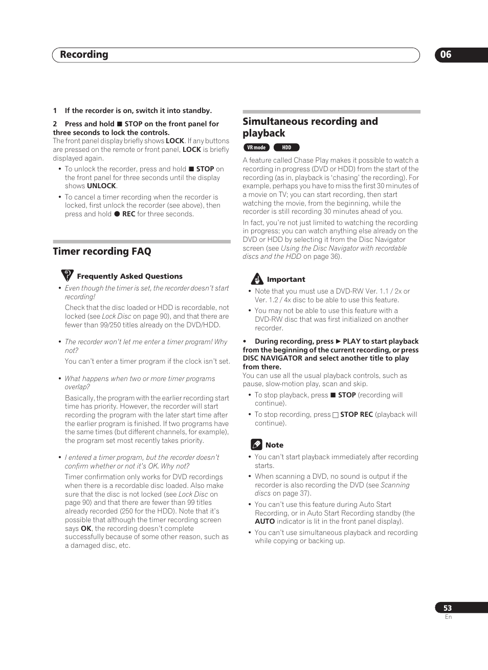 Recording 06, Timer recording faq, Simultaneous recording and playback | Pioneer PRV-9200 User Manual | Page 53 / 124