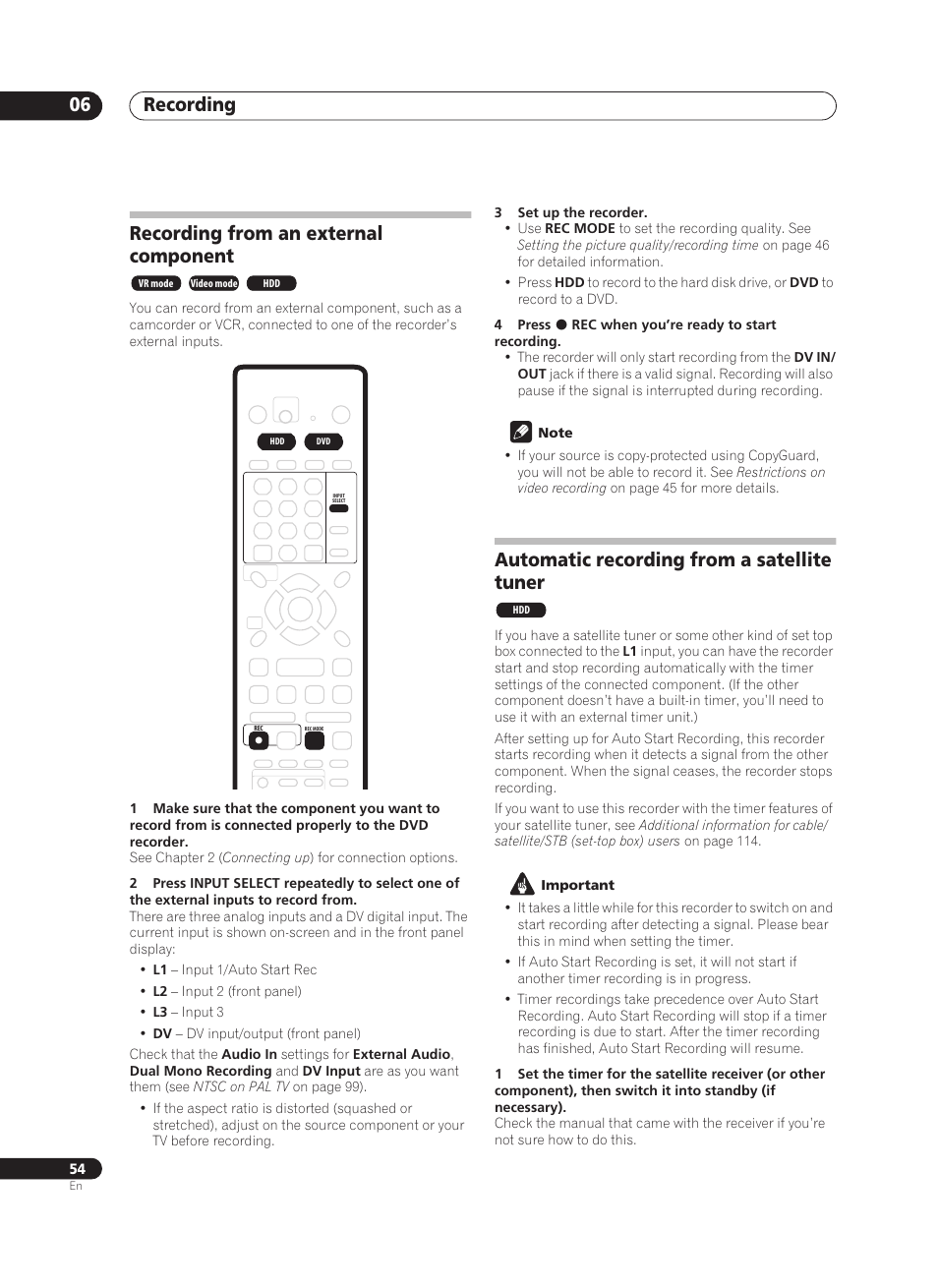 Recording 06, Recording from an external component, Automatic recording from a satellite tuner | Pioneer PRV-9200 User Manual | Page 54 / 124