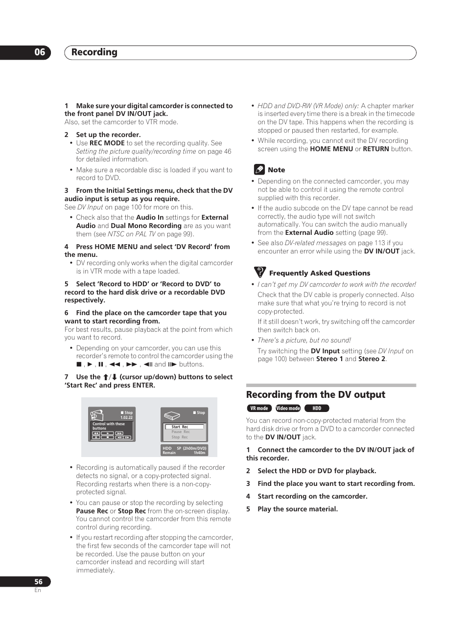 Recording 06, Recording from the dv output | Pioneer PRV-9200 User Manual | Page 56 / 124