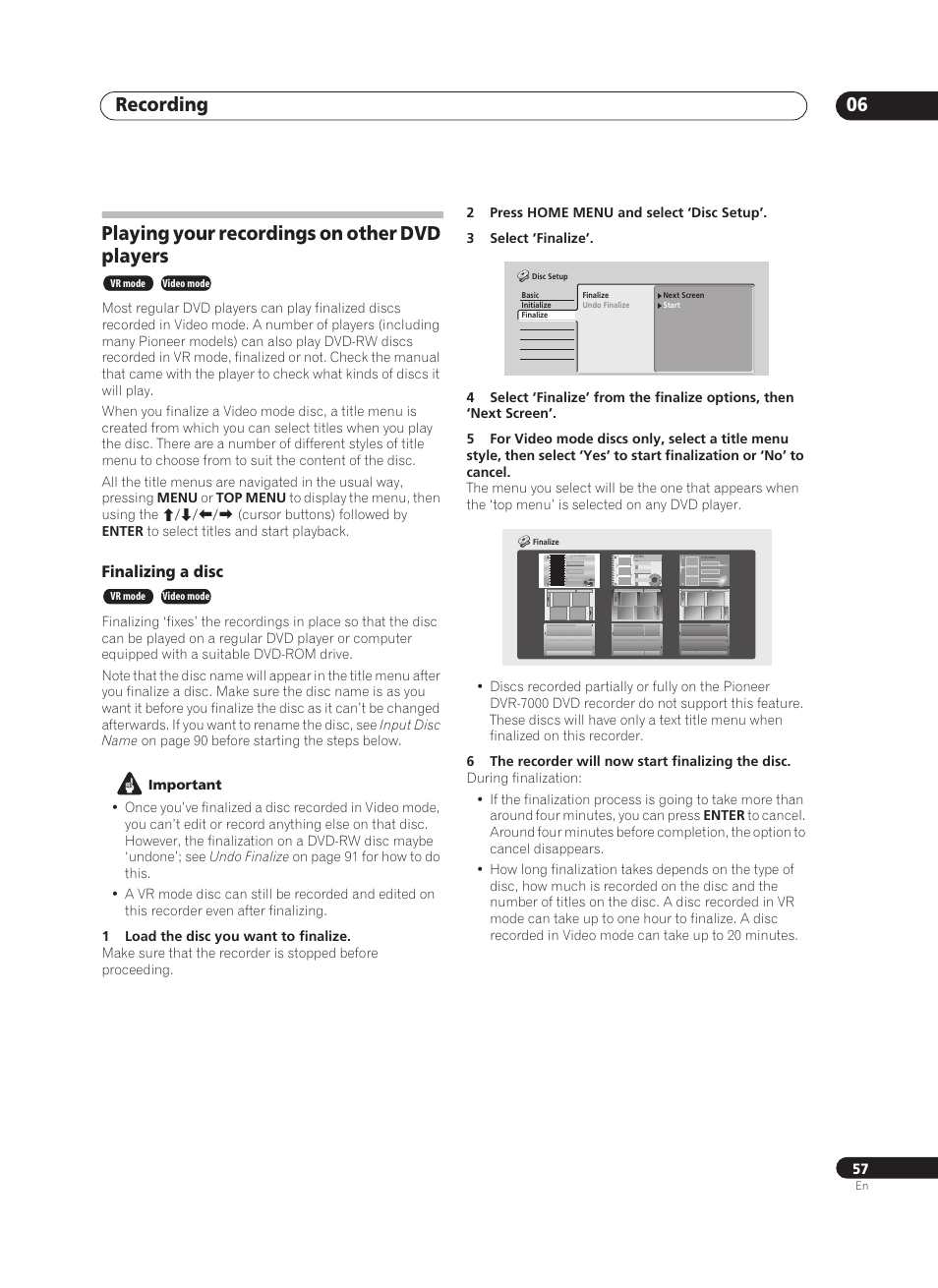 Recording 06, Playing your recordings on other dvd players | Pioneer PRV-9200 User Manual | Page 57 / 124