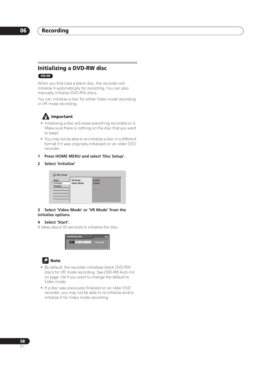 Recording 06, Initializing a dvd-rw disc | Pioneer PRV-9200 User Manual | Page 58 / 124