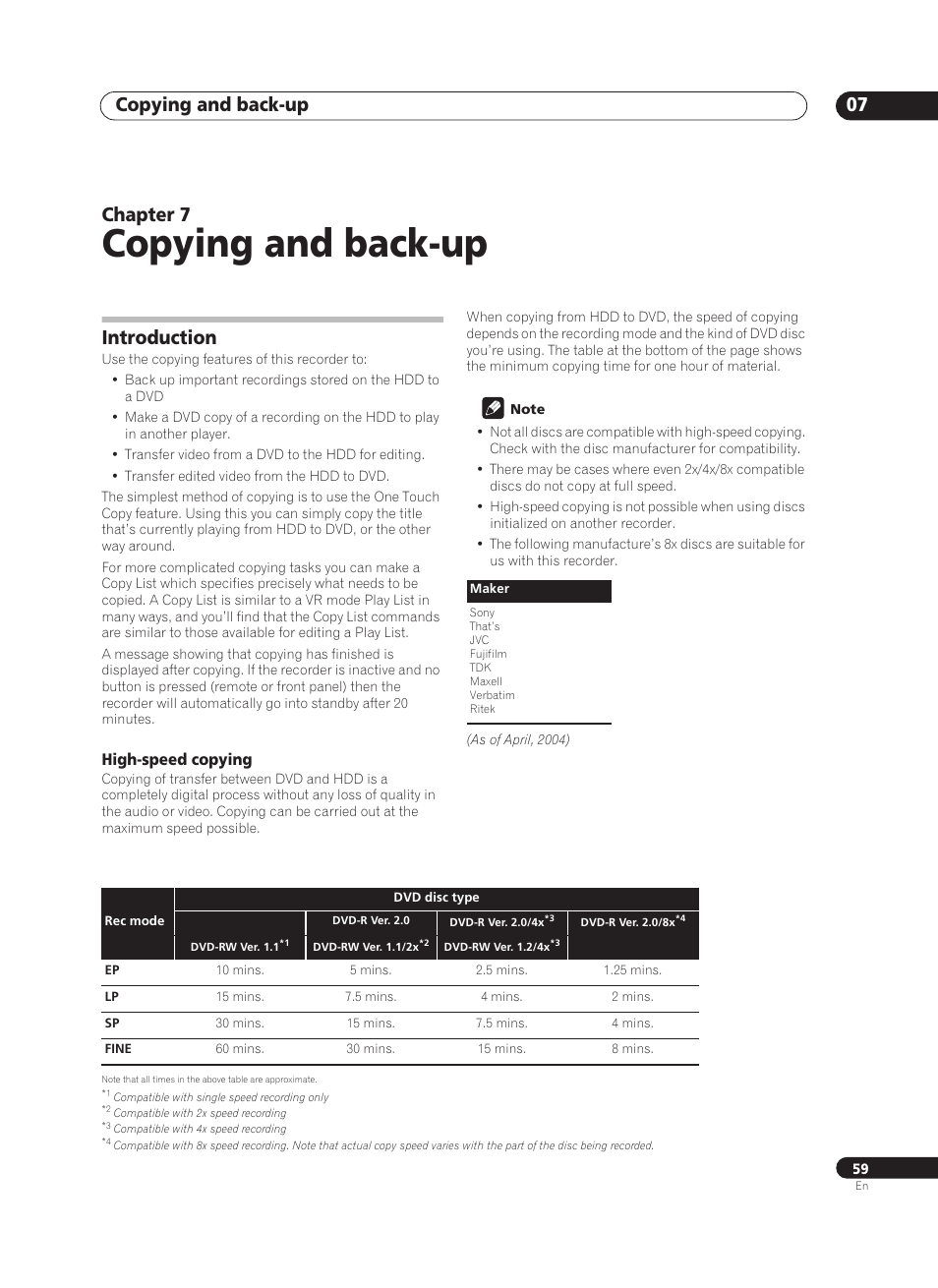 Copying and back-up, Copying and back-up 07, Chapter 7 | Introduction | Pioneer PRV-9200 User Manual | Page 59 / 124