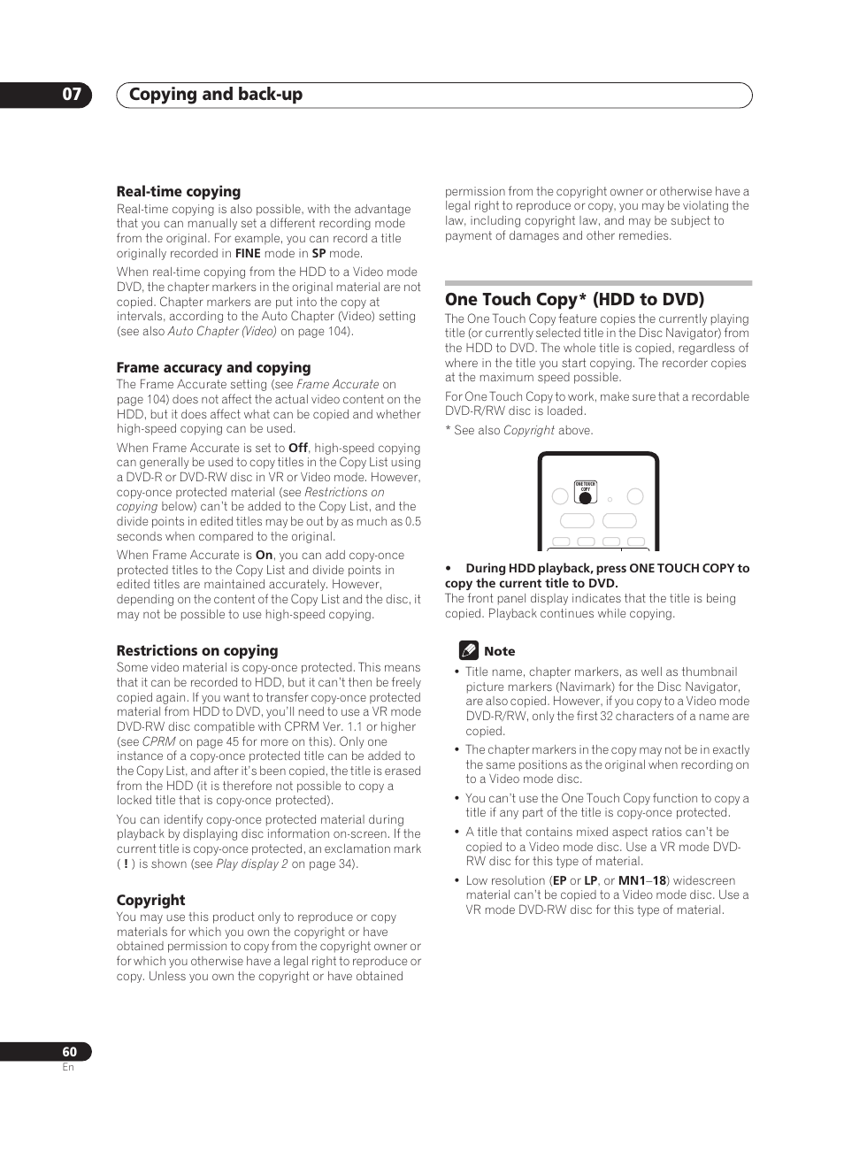 Copying and back-up 07, One touch copy* (hdd to dvd) | Pioneer PRV-9200 User Manual | Page 60 / 124