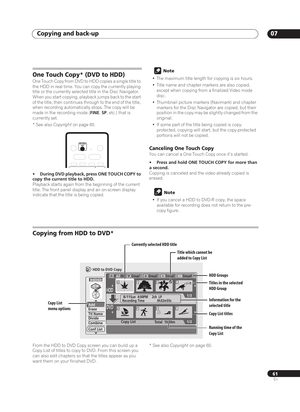Copying and back-up 07, One touch copy* (dvd to hdd), Copying from hdd to dvd | Dvd hdd hdd | Pioneer PRV-9200 User Manual | Page 61 / 124