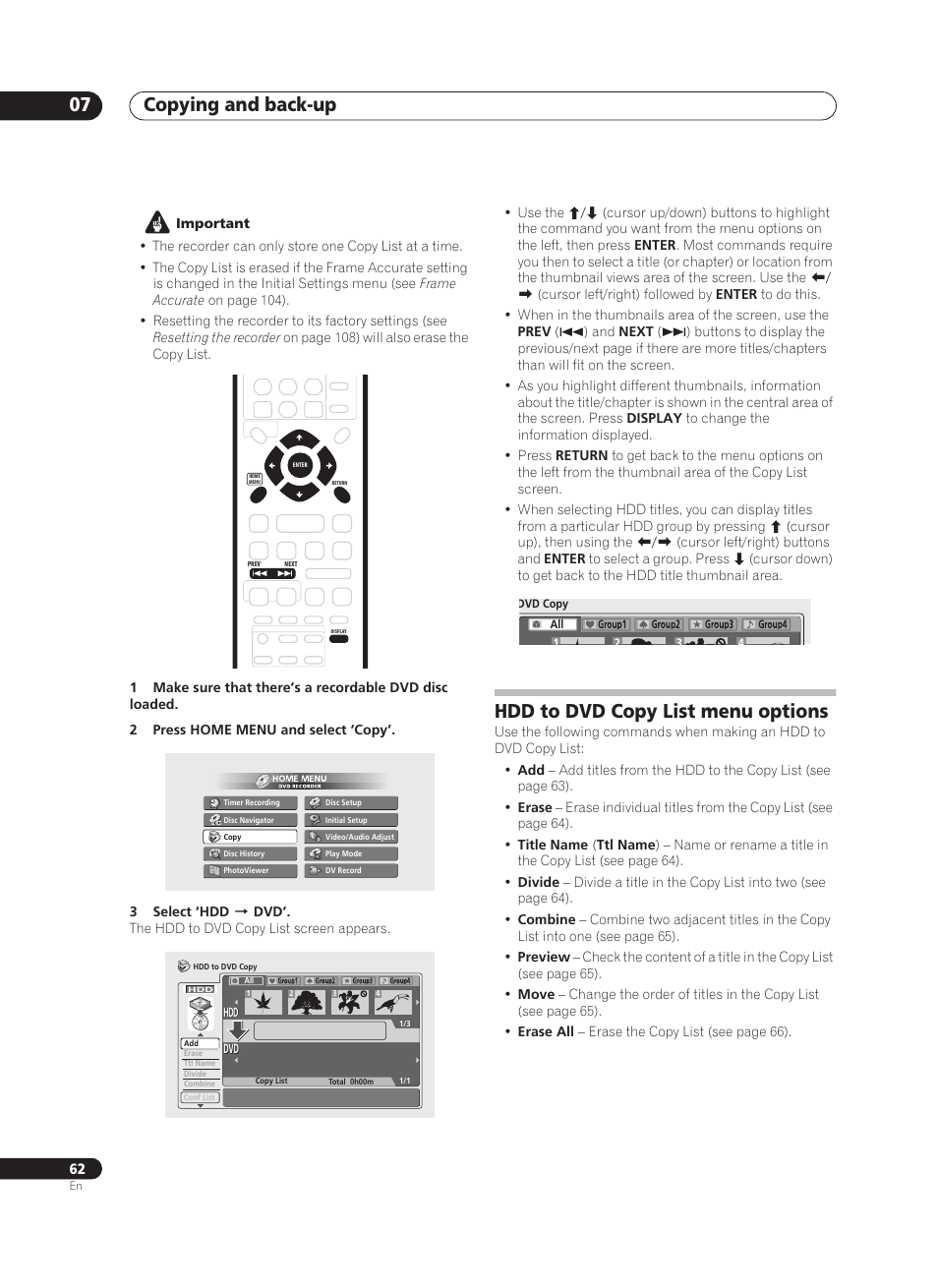 Copying and back-up 07, Hdd to dvd copy list menu options | Pioneer PRV-9200 User Manual | Page 62 / 124