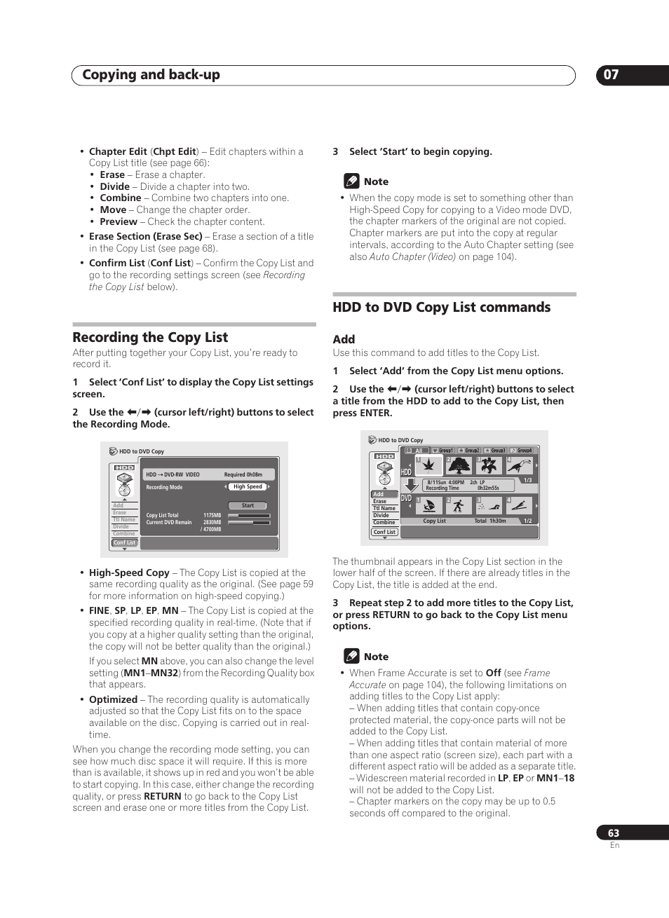Copying and back-up 07, Recording the copy list, Hdd to dvd copy list commands | Pioneer PRV-9200 User Manual | Page 63 / 124