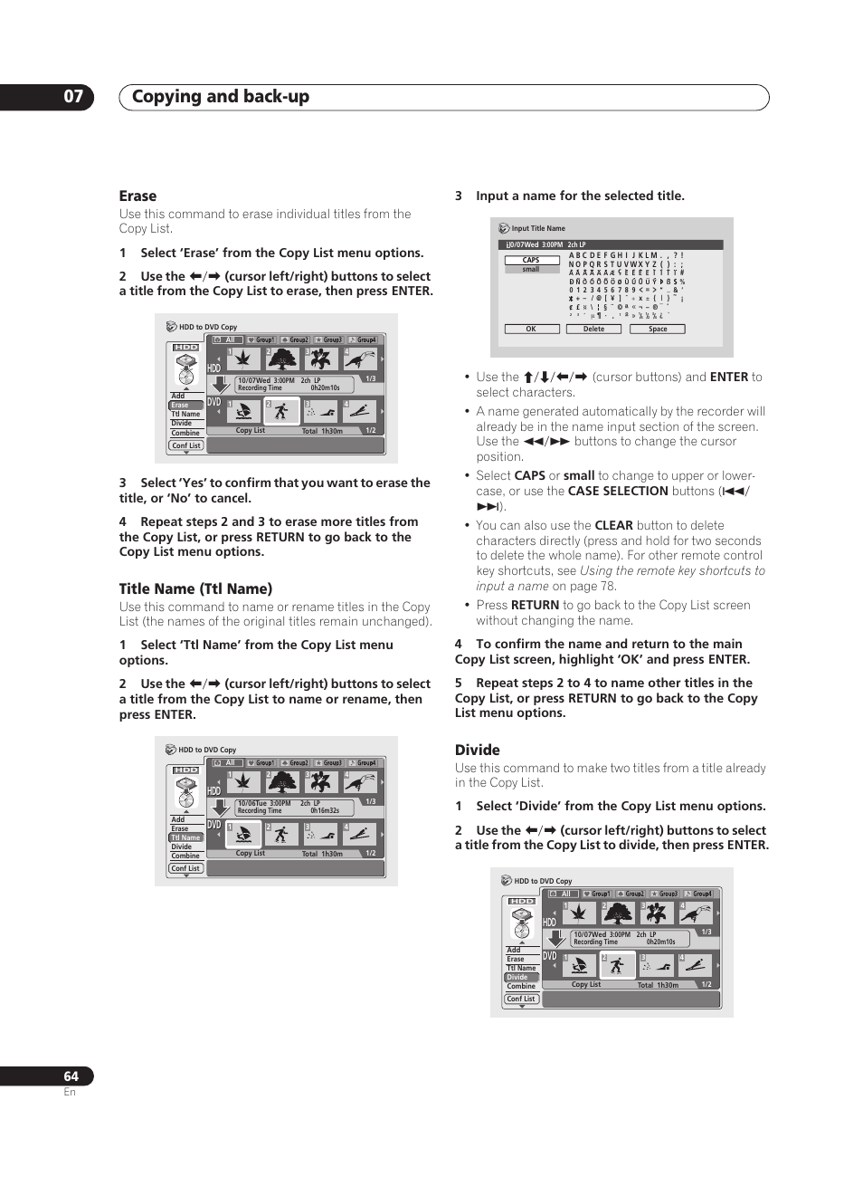 Copying and back-up 07, Erase, Title name (ttl name) | Divide | Pioneer PRV-9200 User Manual | Page 64 / 124