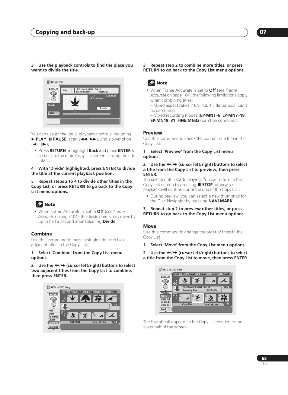 Copying and back-up 07, Combine, Preview | Move | Pioneer PRV-9200 User Manual | Page 65 / 124