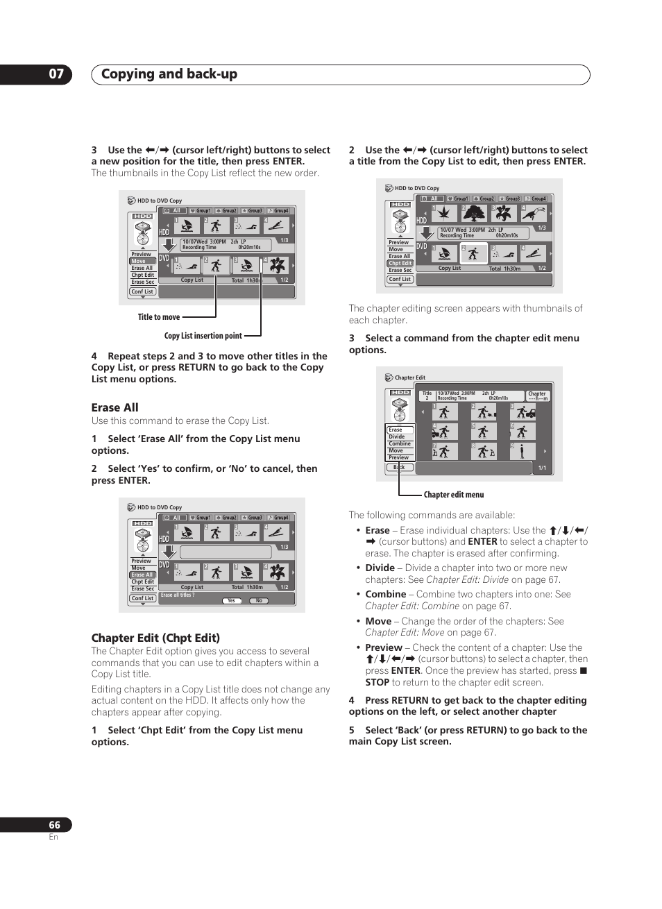 Copying and back-up 07, Erase all, Chapter edit (chpt edit) | Pioneer PRV-9200 User Manual | Page 66 / 124