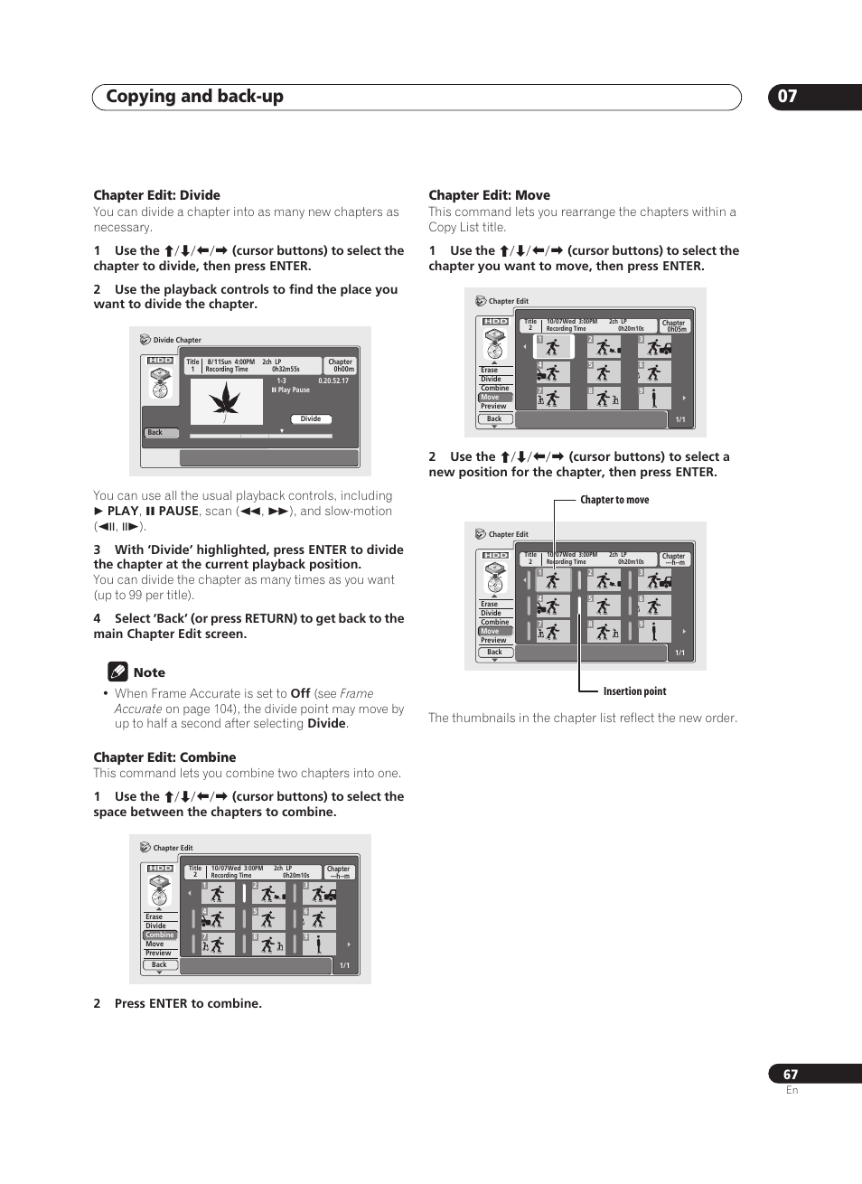Copying and back-up 07, Chapter edit: divide, Chapter edit: combine | Chapter edit: move | Pioneer PRV-9200 User Manual | Page 67 / 124