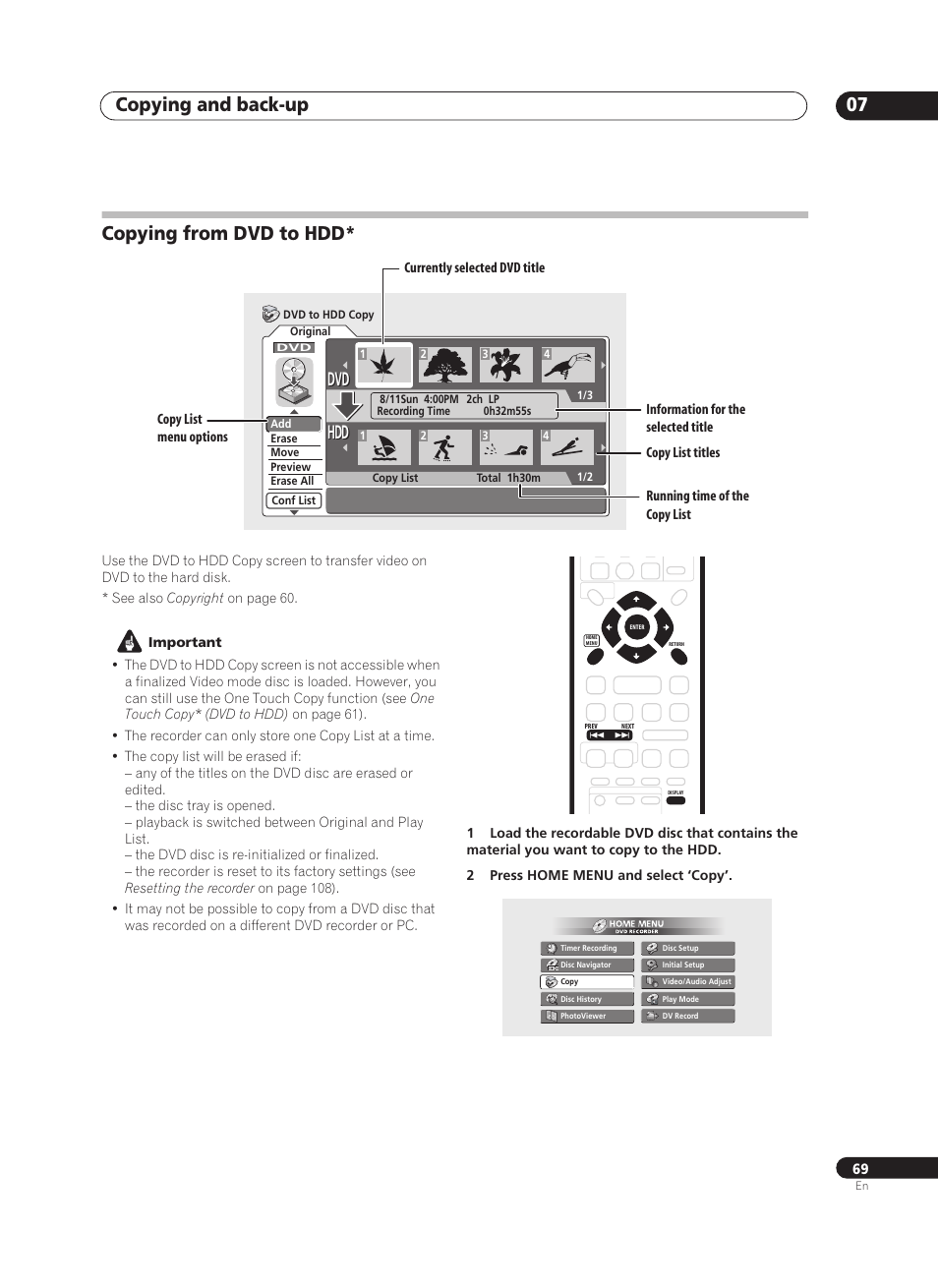Copying and back-up 07, Copying from dvd to hdd, Dvd hdd hdd | Pioneer PRV-9200 User Manual | Page 69 / 124