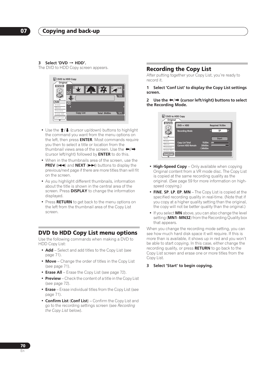 Copying and back-up 07, Dvd to hdd copy list menu options, Recording the copy list | Pioneer PRV-9200 User Manual | Page 70 / 124