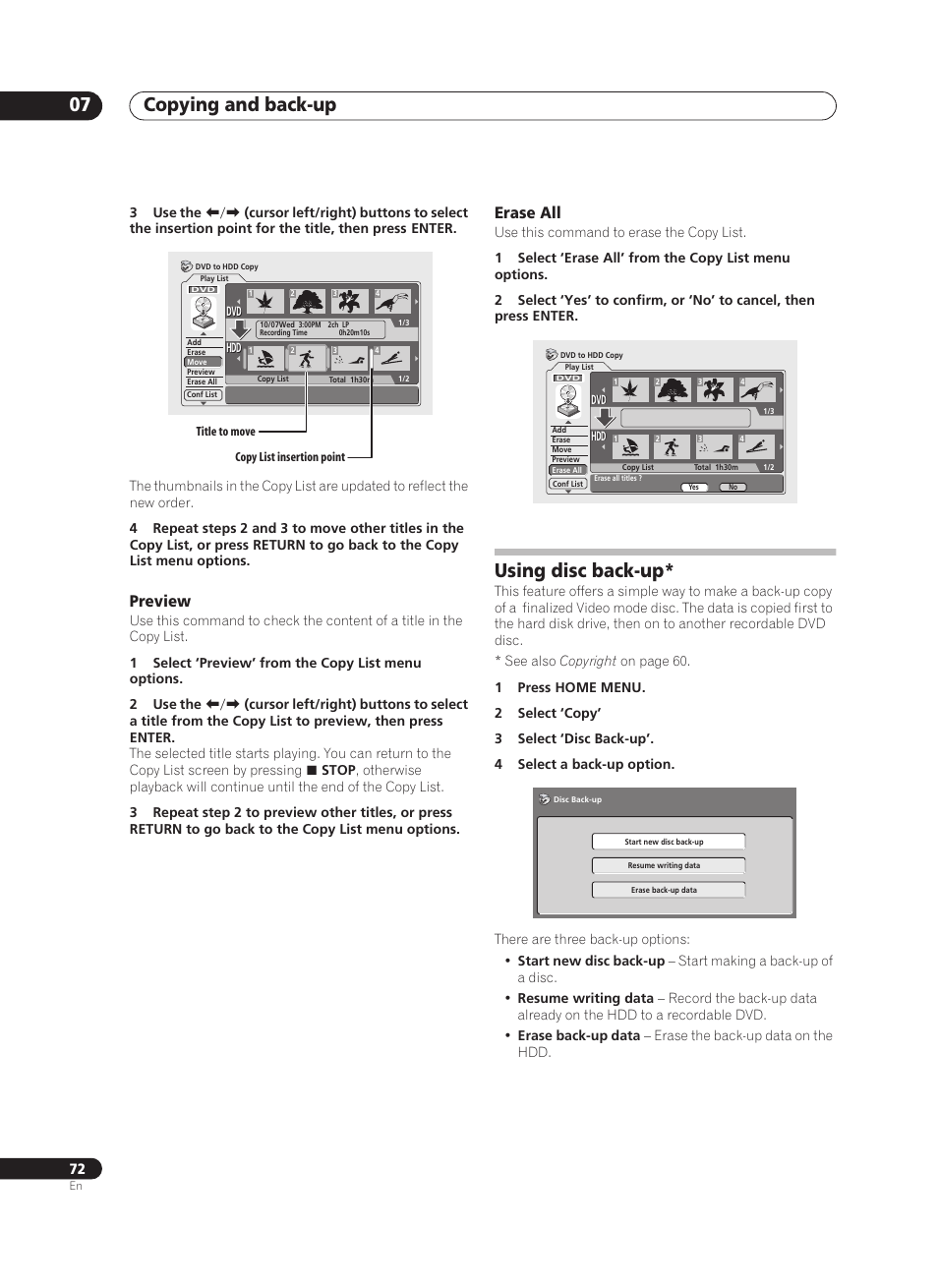 Copying and back-up 07, Using disc back-up, Preview | Erase all | Pioneer PRV-9200 User Manual | Page 72 / 124