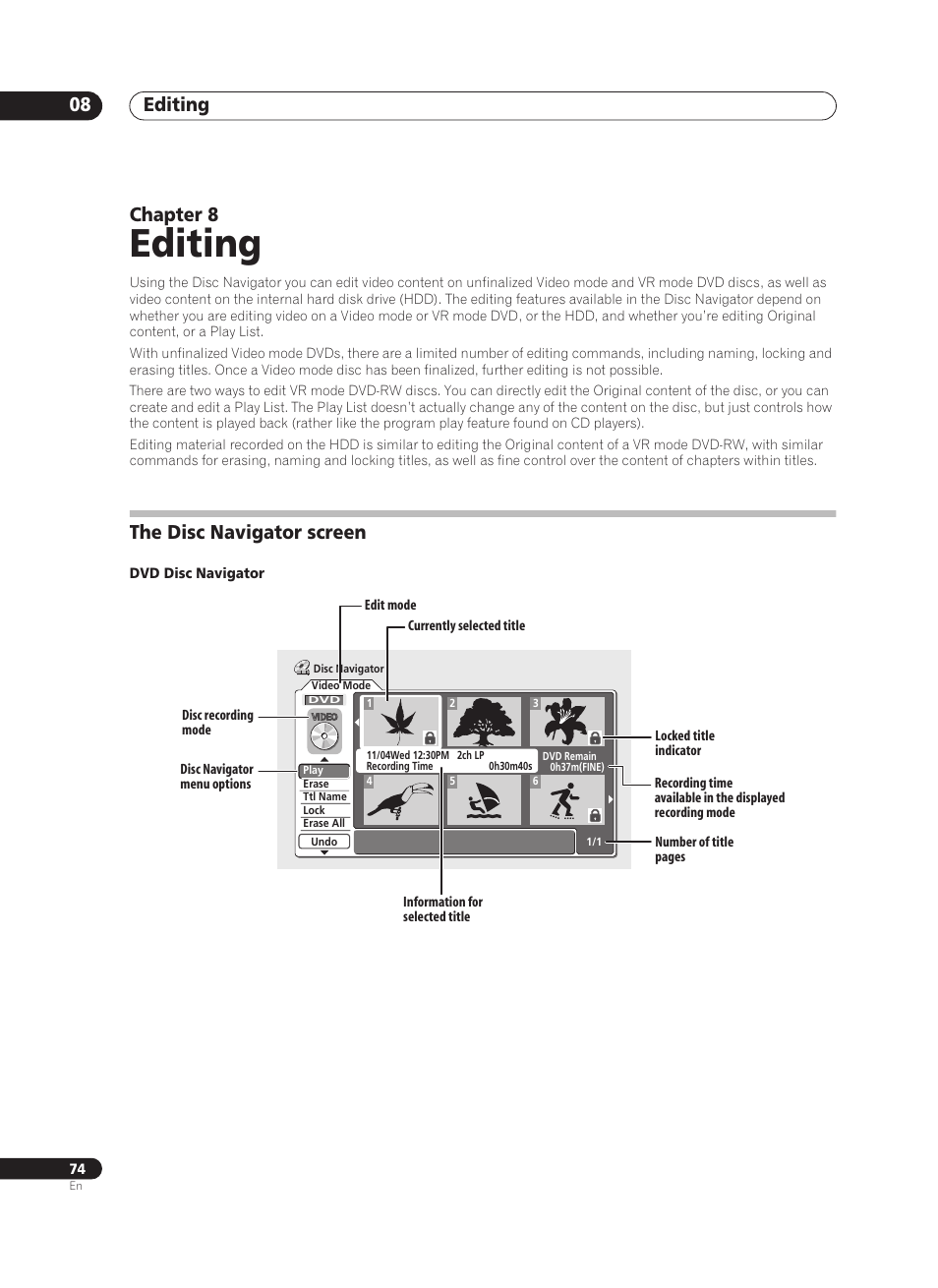 Editing, Editing 08, Chapter 8 | The disc navigator screen | Pioneer PRV-9200 User Manual | Page 74 / 124