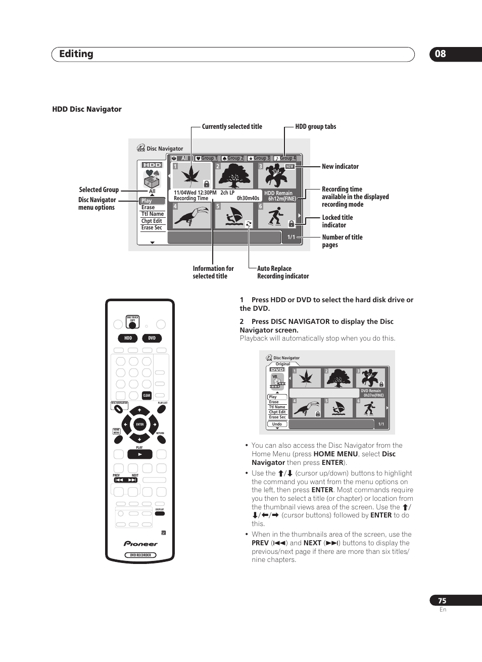 Editing 08, Hdd disc navigator | Pioneer PRV-9200 User Manual | Page 75 / 124