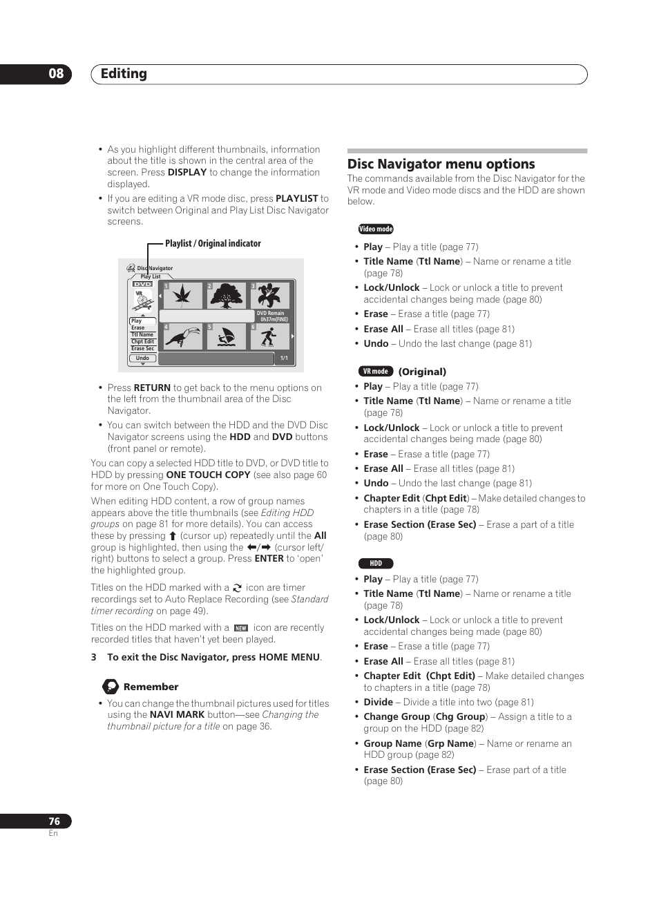 Editing 08, Disc navigator menu options | Pioneer PRV-9200 User Manual | Page 76 / 124