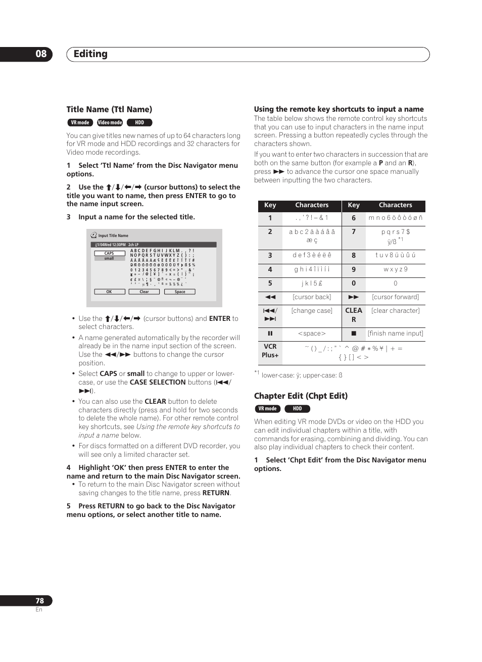 Editing 08, Title name (ttl name), Chapter edit (chpt edit) | Pioneer PRV-9200 User Manual | Page 78 / 124