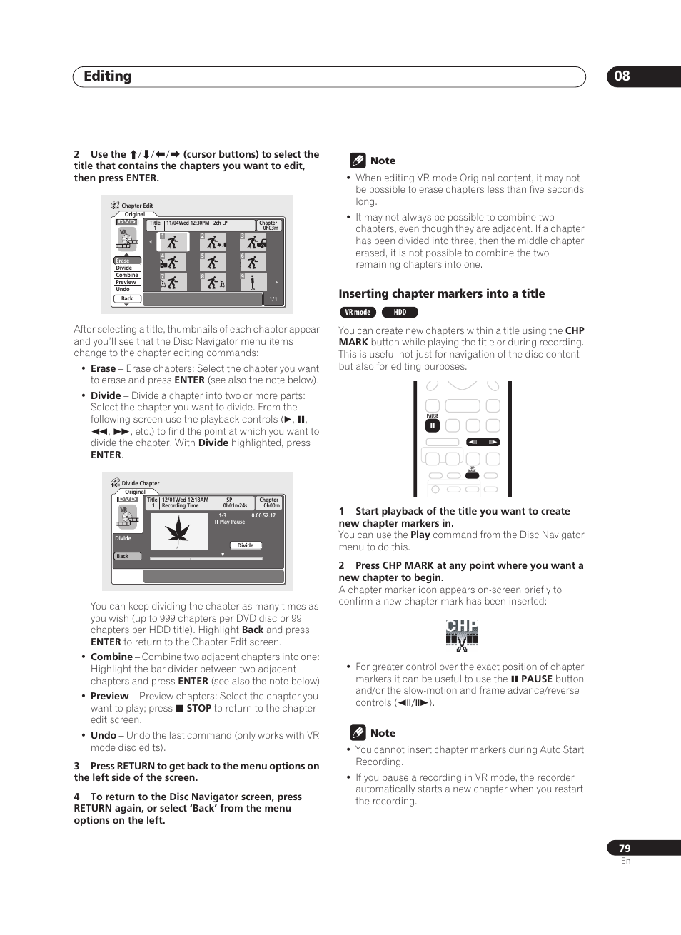 Editing 08, Inserting chapter markers into a title | Pioneer PRV-9200 User Manual | Page 79 / 124