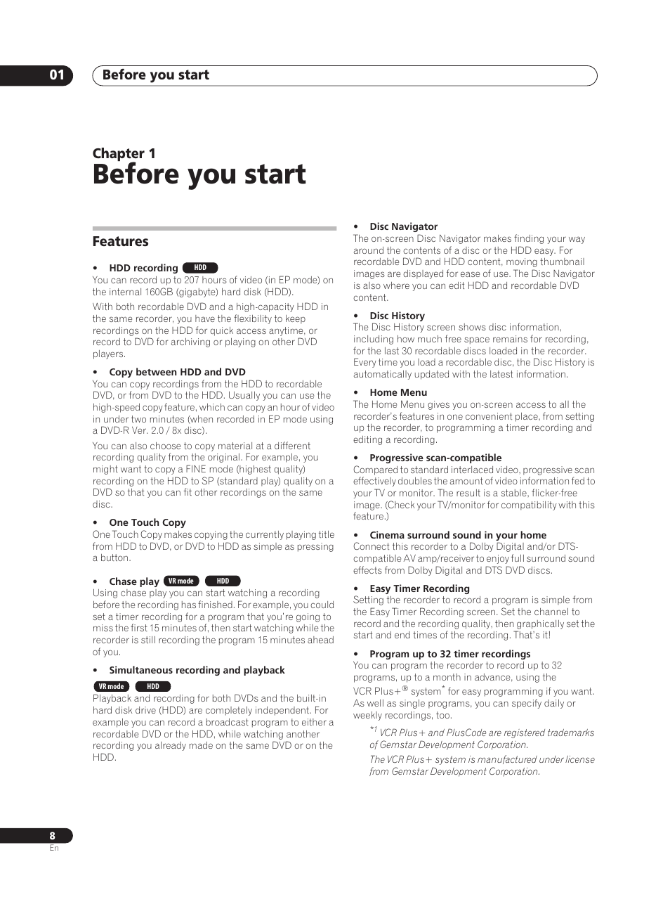 Before you start, Before you start 01, Chapter 1 | Features | Pioneer PRV-9200 User Manual | Page 8 / 124