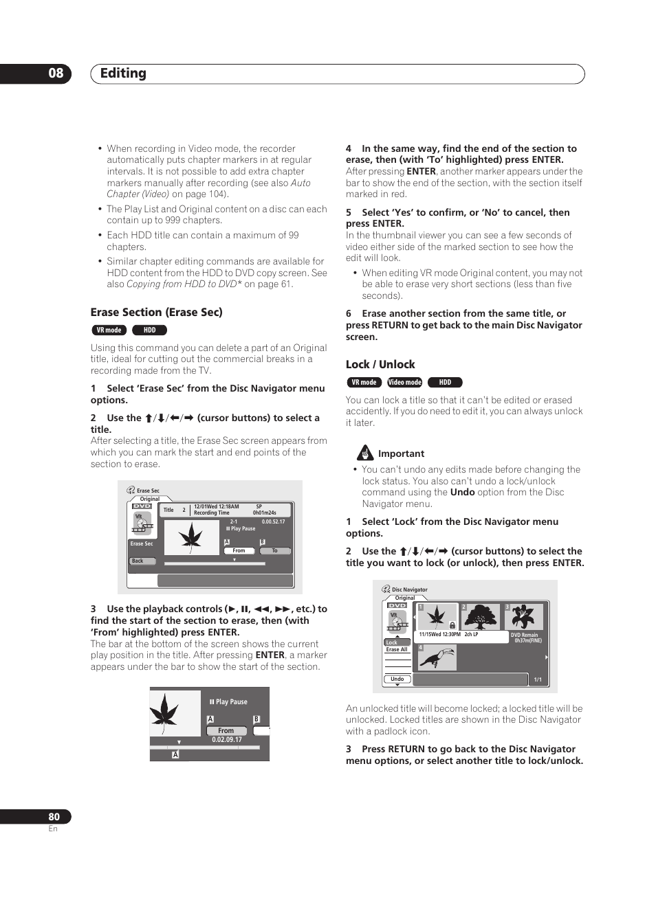 Editing 08, Lock / unlock | Pioneer PRV-9200 User Manual | Page 80 / 124