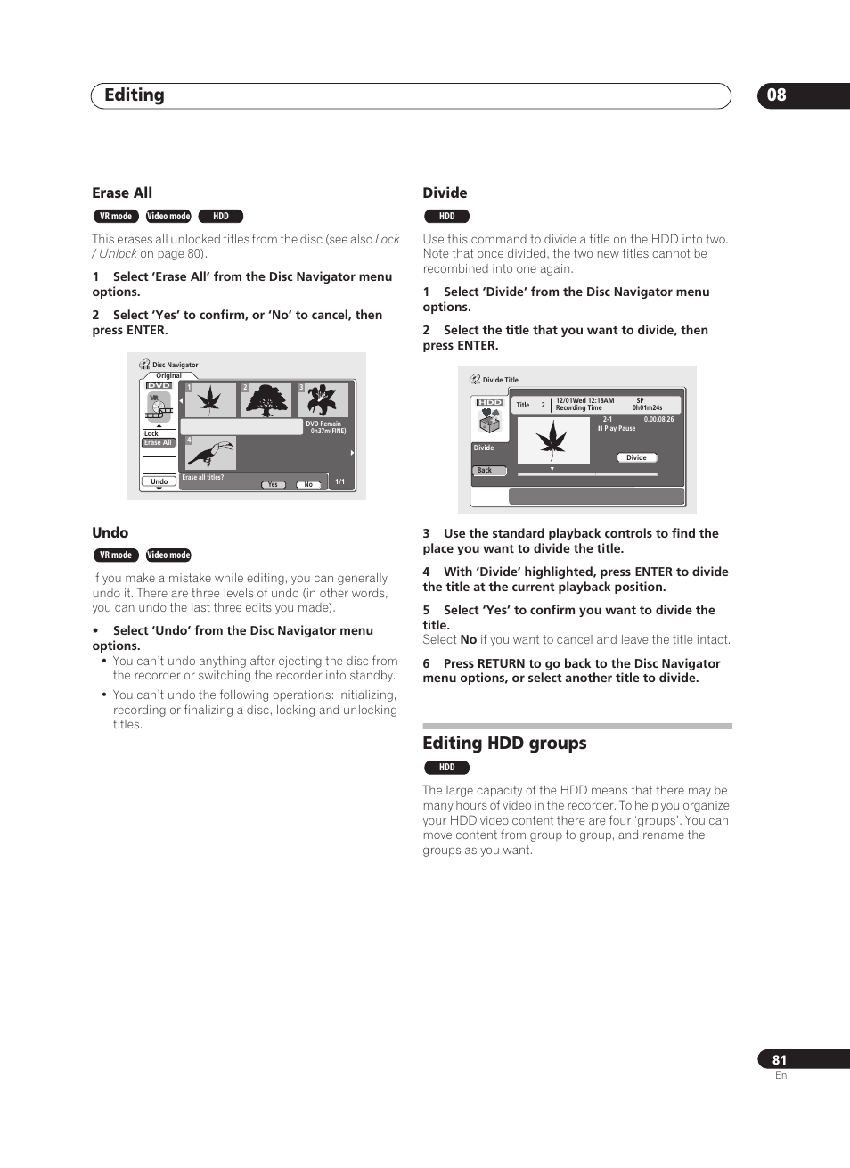 Editing 08, Editing hdd groups, Erase all | Undo, Divide | Pioneer PRV-9200 User Manual | Page 81 / 124