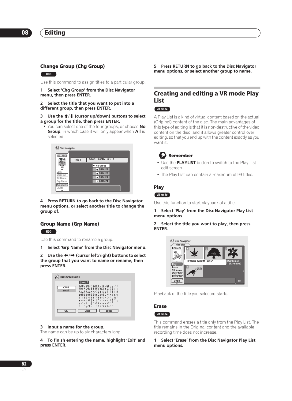 Editing 08, Creating and editing a vr mode play list, Change group (chg group) | Group name (grp name), Play, Erase | Pioneer PRV-9200 User Manual | Page 82 / 124