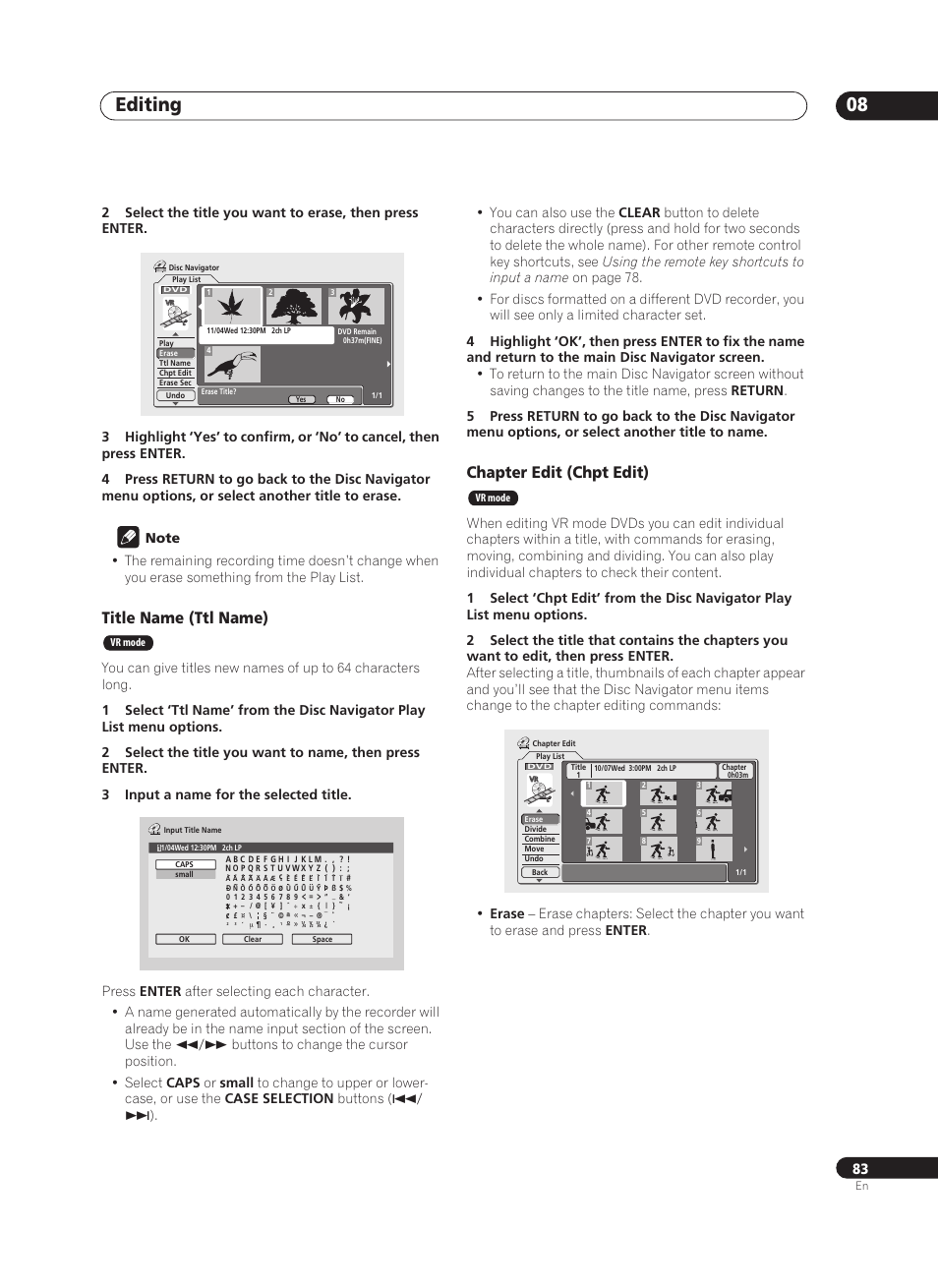 Editing 08, Title name (ttl name), Chapter edit (chpt edit) | Pioneer PRV-9200 User Manual | Page 83 / 124