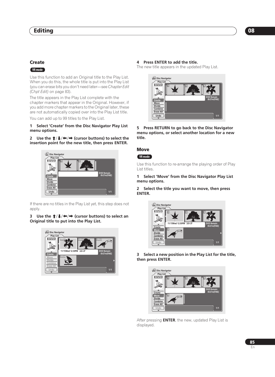 Editing 08, Create, Move | Pioneer PRV-9200 User Manual | Page 85 / 124