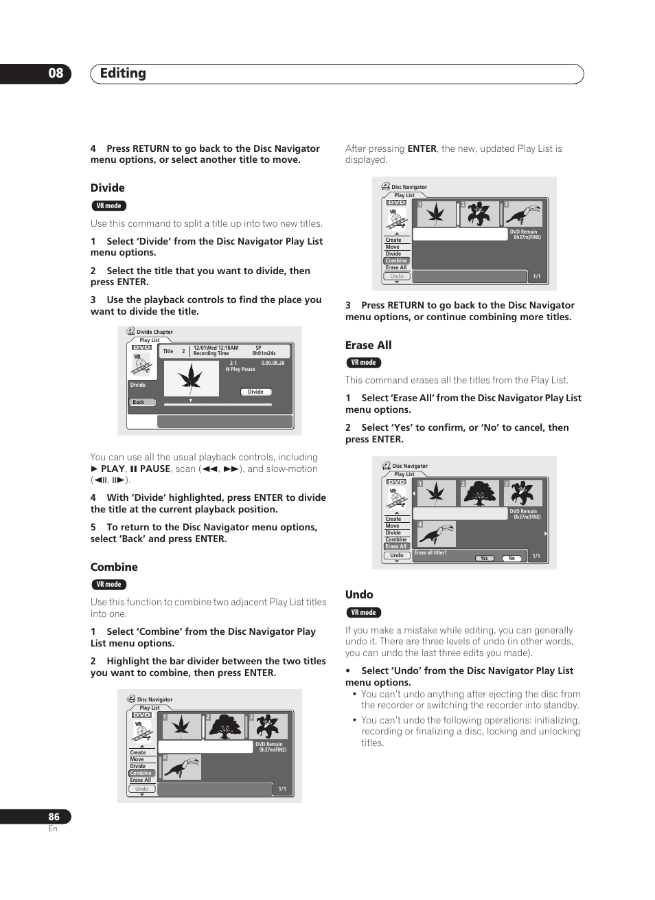 Editing 08, Divide, Combine | Erase all, Undo | Pioneer PRV-9200 User Manual | Page 86 / 124