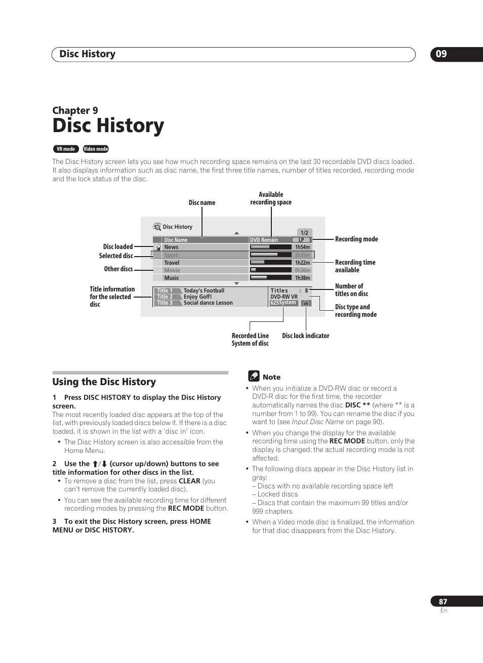 Disc history, Disc history 09, Chapter 9 | Using the disc history | Pioneer PRV-9200 User Manual | Page 87 / 124