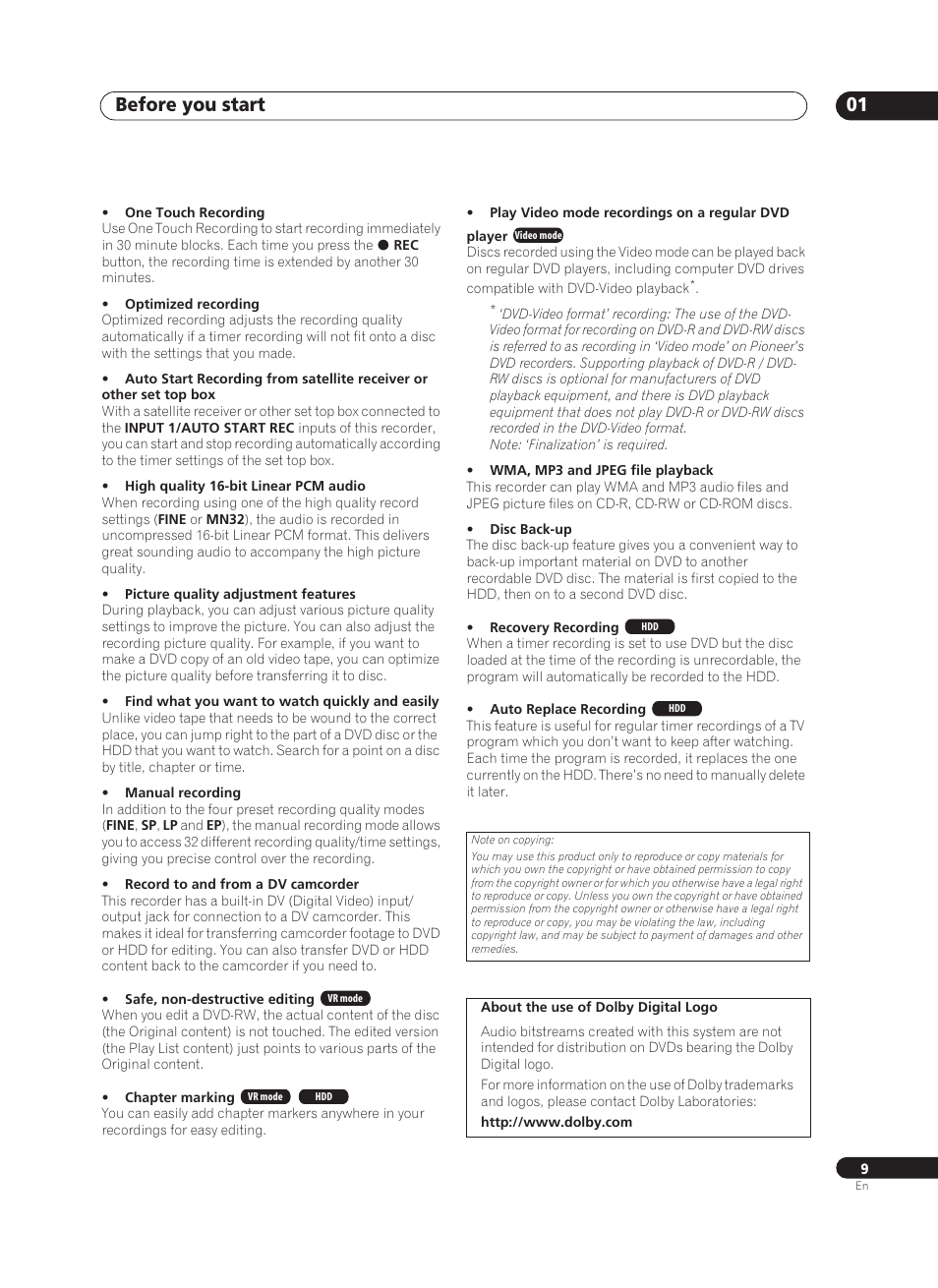 Before you start 01 | Pioneer PRV-9200 User Manual | Page 9 / 124