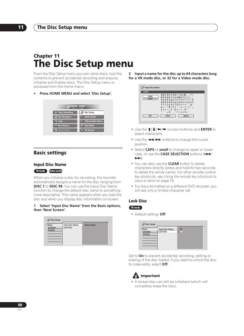The disc setup menu, The disc setup menu 11, Chapter 11 | Basic settings, Input disc name, Lock disc | Pioneer PRV-9200 User Manual | Page 90 / 124