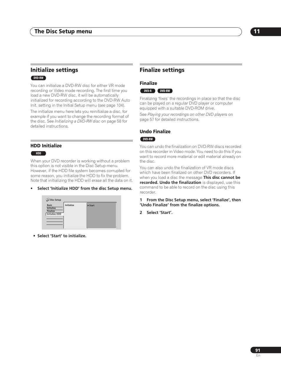The disc setup menu 11, Initialize settings, Finalize settings | Pioneer PRV-9200 User Manual | Page 91 / 124