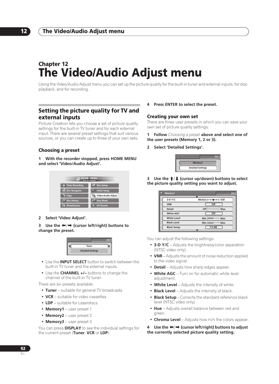 The video/audio adjust menu, The video/audio adjust menu 12, Chapter 12 | Pioneer PRV-9200 User Manual | Page 92 / 124