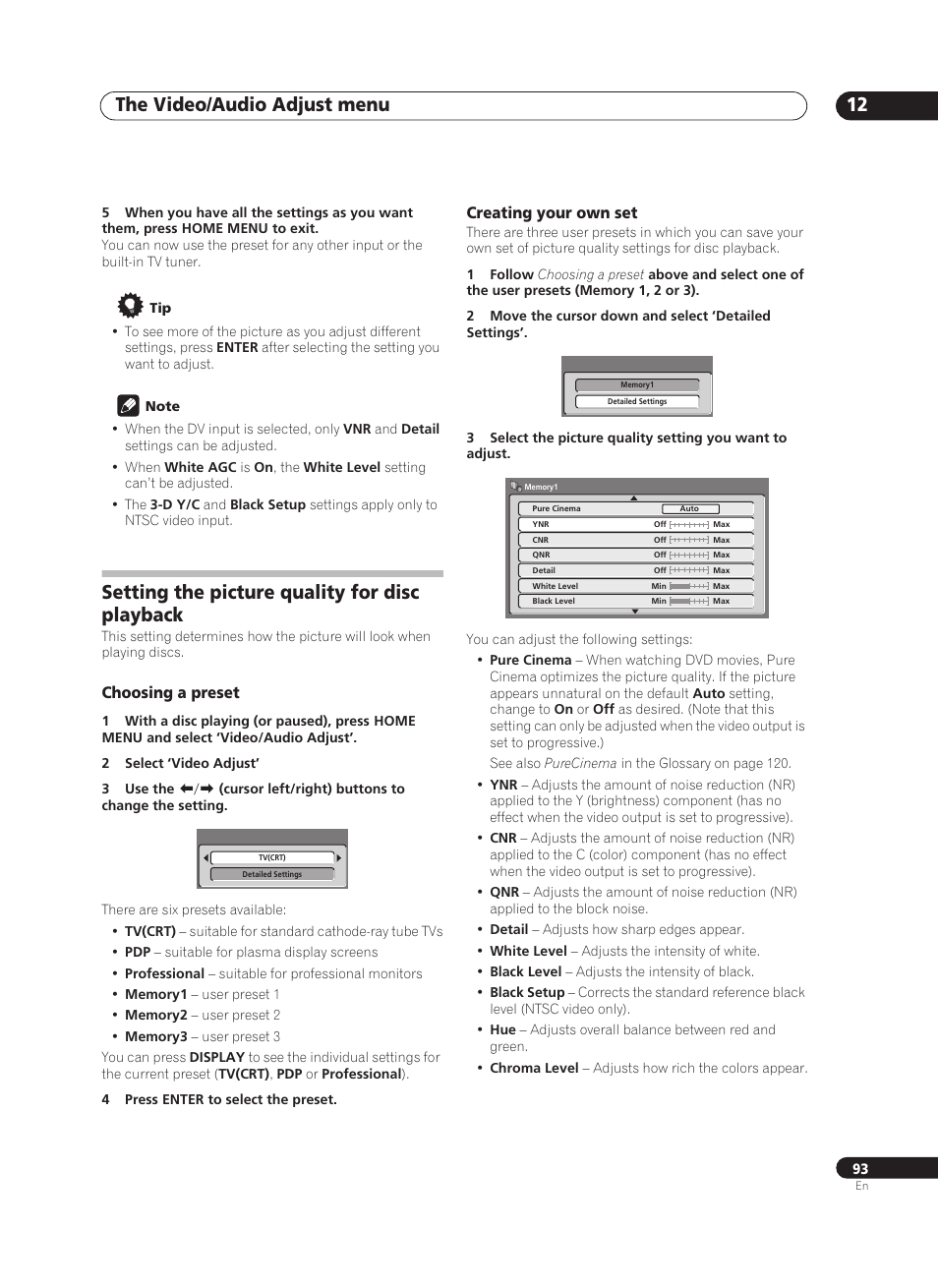 The video/audio adjust menu 12, Setting the picture quality for disc playback | Pioneer PRV-9200 User Manual | Page 93 / 124