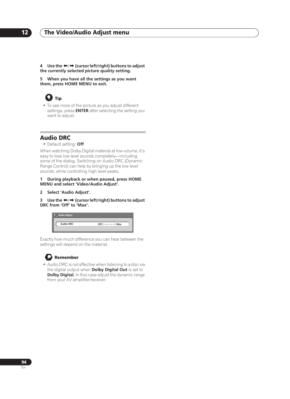 The video/audio adjust menu 12, Audio drc | Pioneer PRV-9200 User Manual | Page 94 / 124