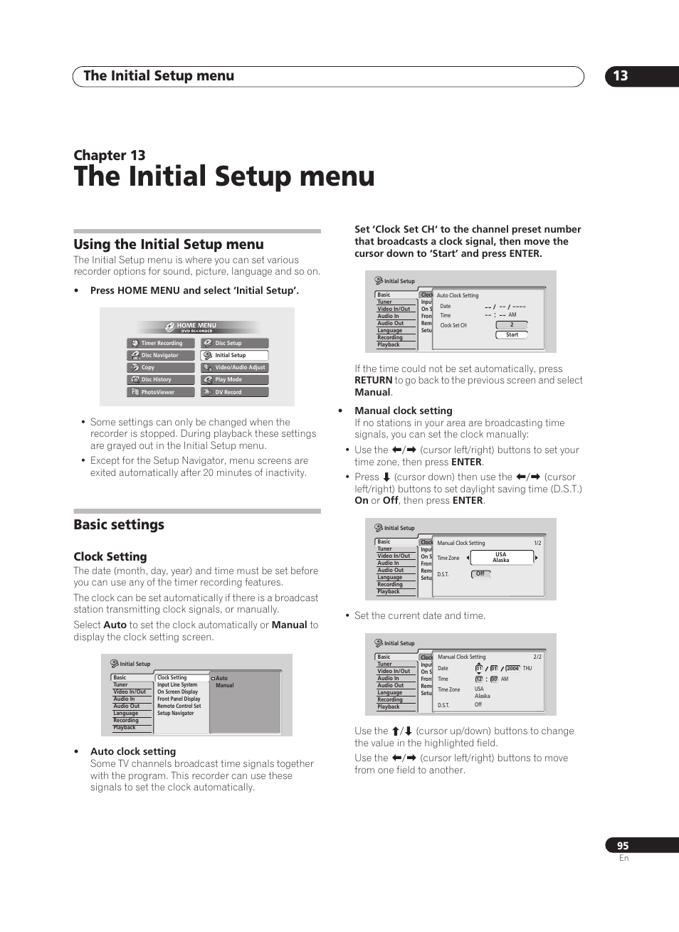 The initial setup menu, The initial setup menu 13, Chapter 13 | Using the initial setup menu, Basic settings, Clock setting | Pioneer PRV-9200 User Manual | Page 95 / 124