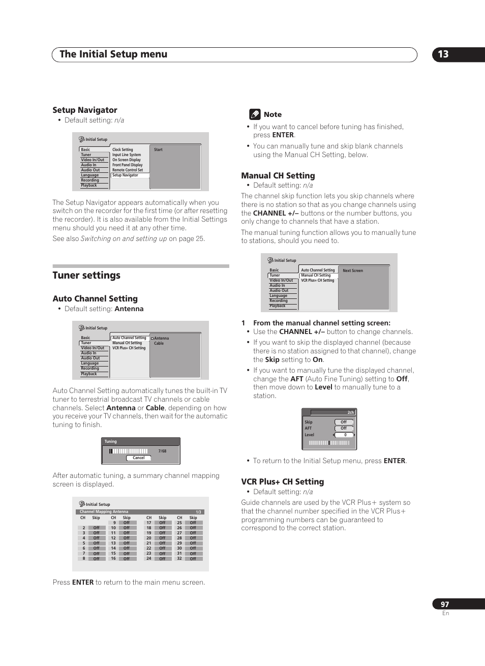 The initial setup menu 13, Tuner settings, Setup navigator | Auto channel setting, Manual ch setting, Vcr plus+ ch setting | Pioneer PRV-9200 User Manual | Page 97 / 124
