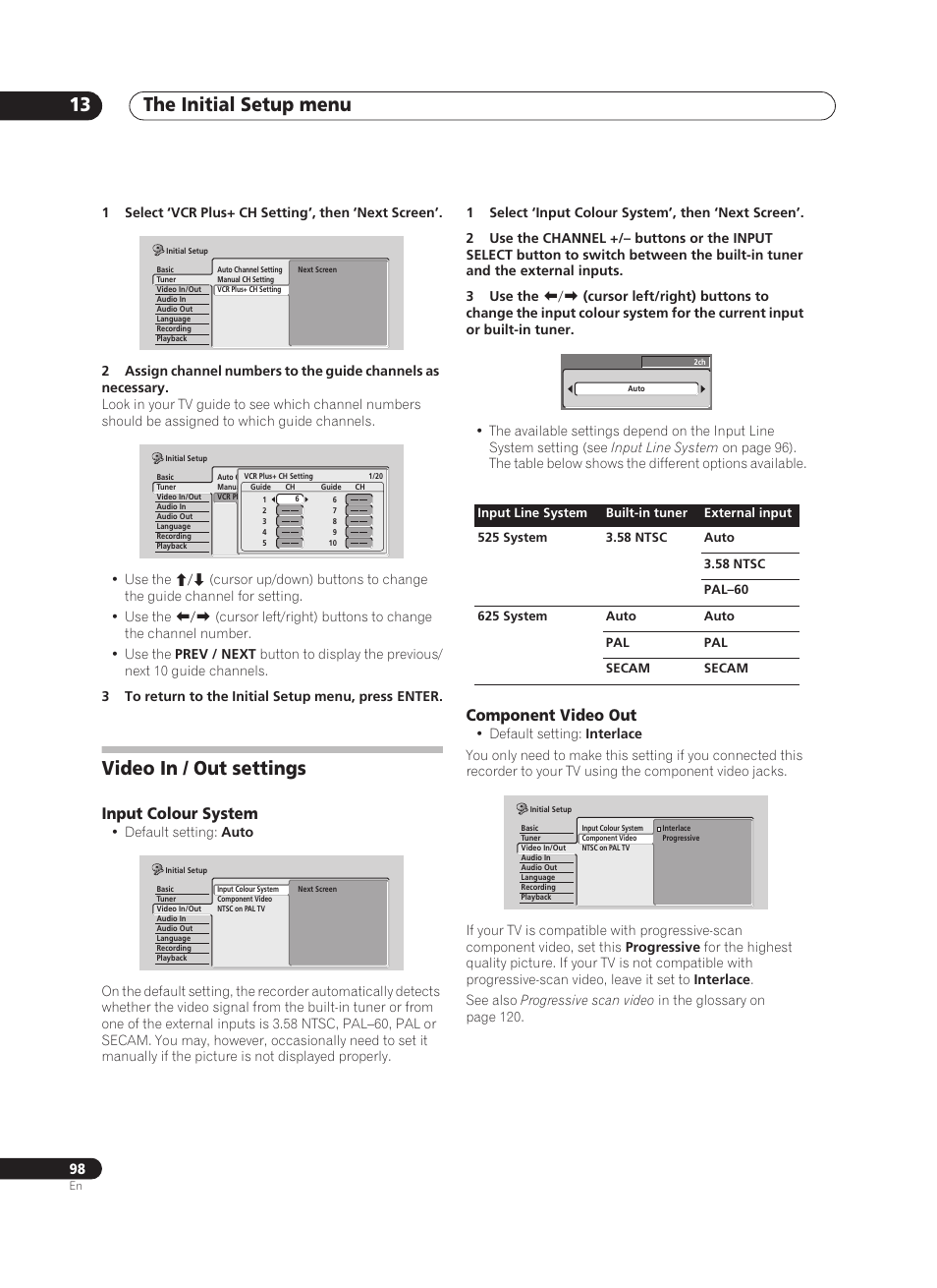 The initial setup menu 13, Video in / out settings, Input colour system | Component video out | Pioneer PRV-9200 User Manual | Page 98 / 124