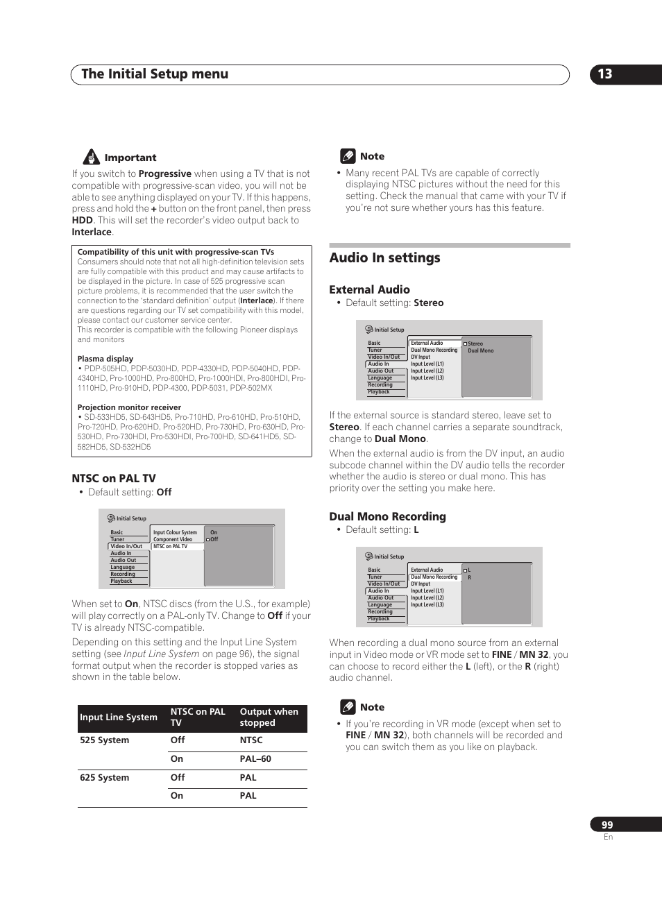 The initial setup menu 13, Audio in settings | Pioneer PRV-9200 User Manual | Page 99 / 124