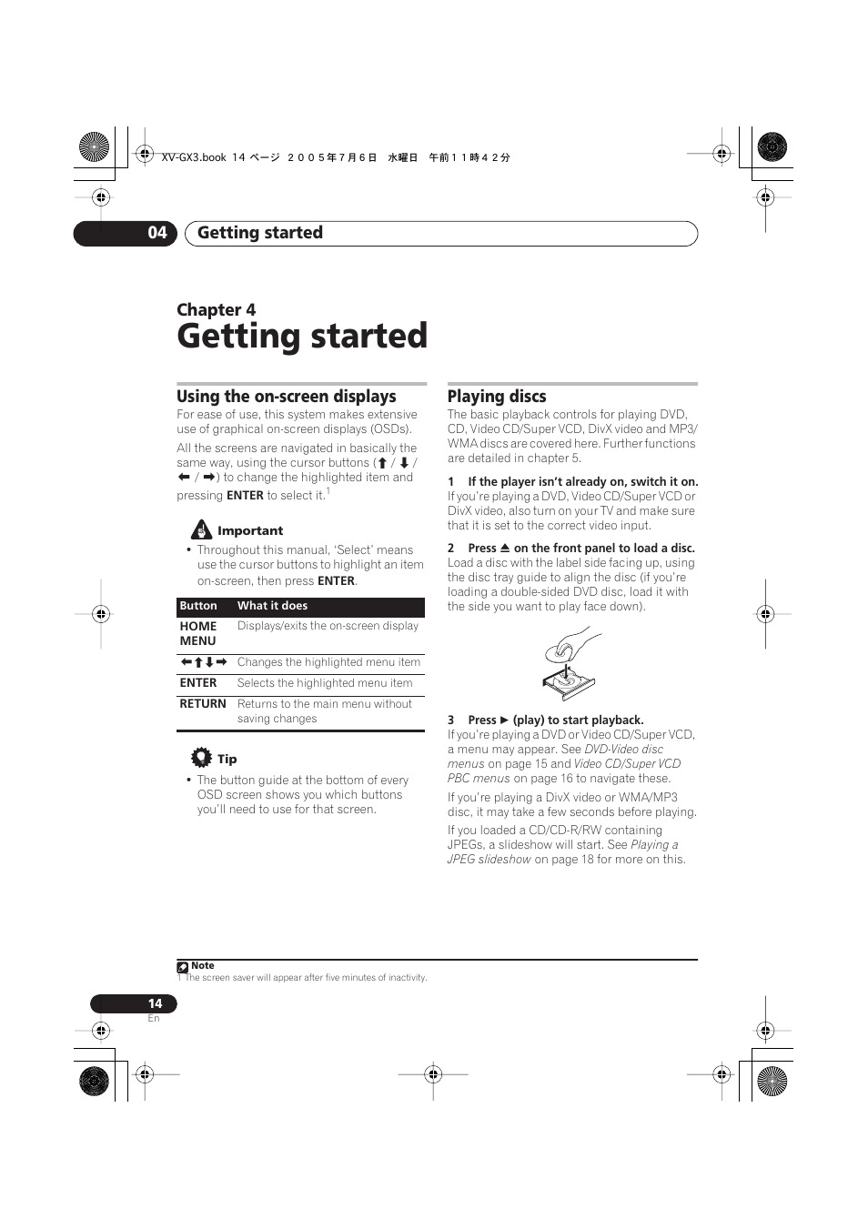 04 getting started, Using the on-screen displays, Playing discs | Getting started, Getting started 04, Chapter 4 | Pioneer S-GX3V User Manual | Page 14 / 44