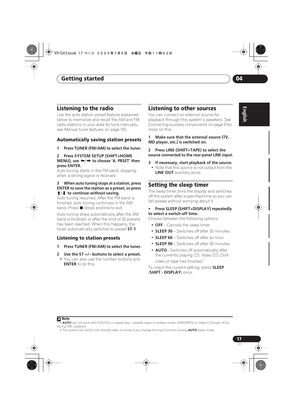 Listening to the radio, Automatically saving station presets, Listening to station presets | Listening to other sources, Setting the sleep timer, Getting started 04 | Pioneer S-GX3V User Manual | Page 17 / 44