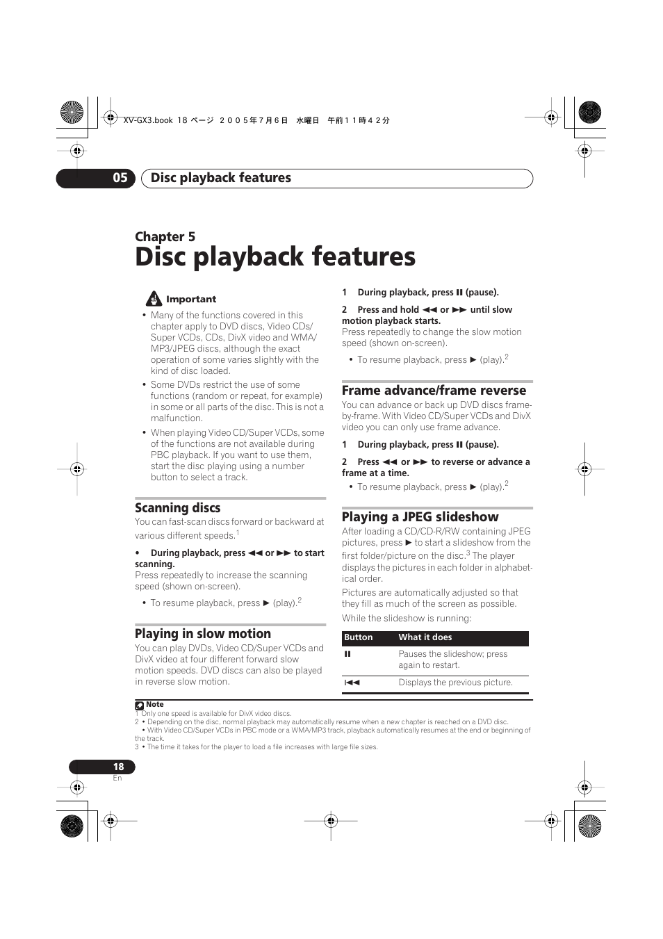 05 disc playback features, Scanning discs, Playing in slow motion | Frame advance/frame reverse, Playing a jpeg slideshow, Disc playback features, Disc playback features 05, Chapter 5 | Pioneer S-GX3V User Manual | Page 18 / 44